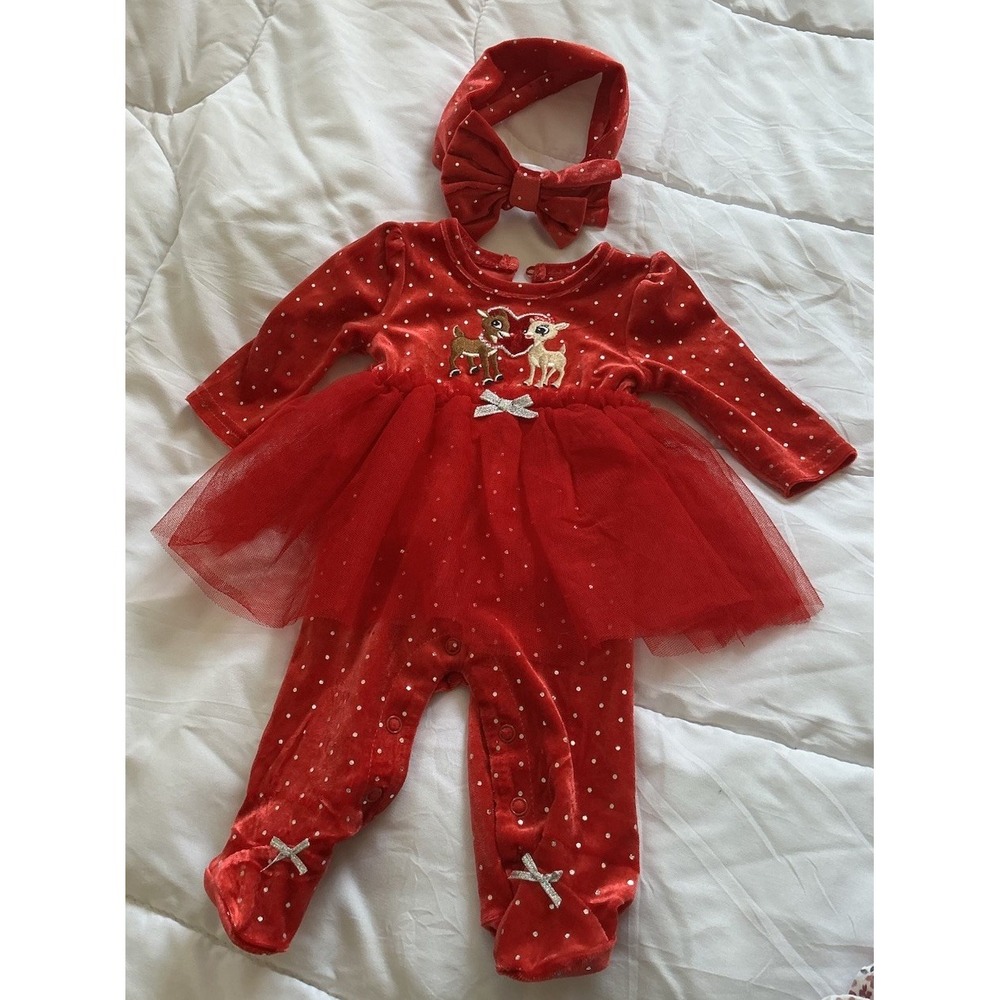 Rudolph Baby Girl's Red Velvet Footed Christmas Outfit Tutu Bow Size - Newborn